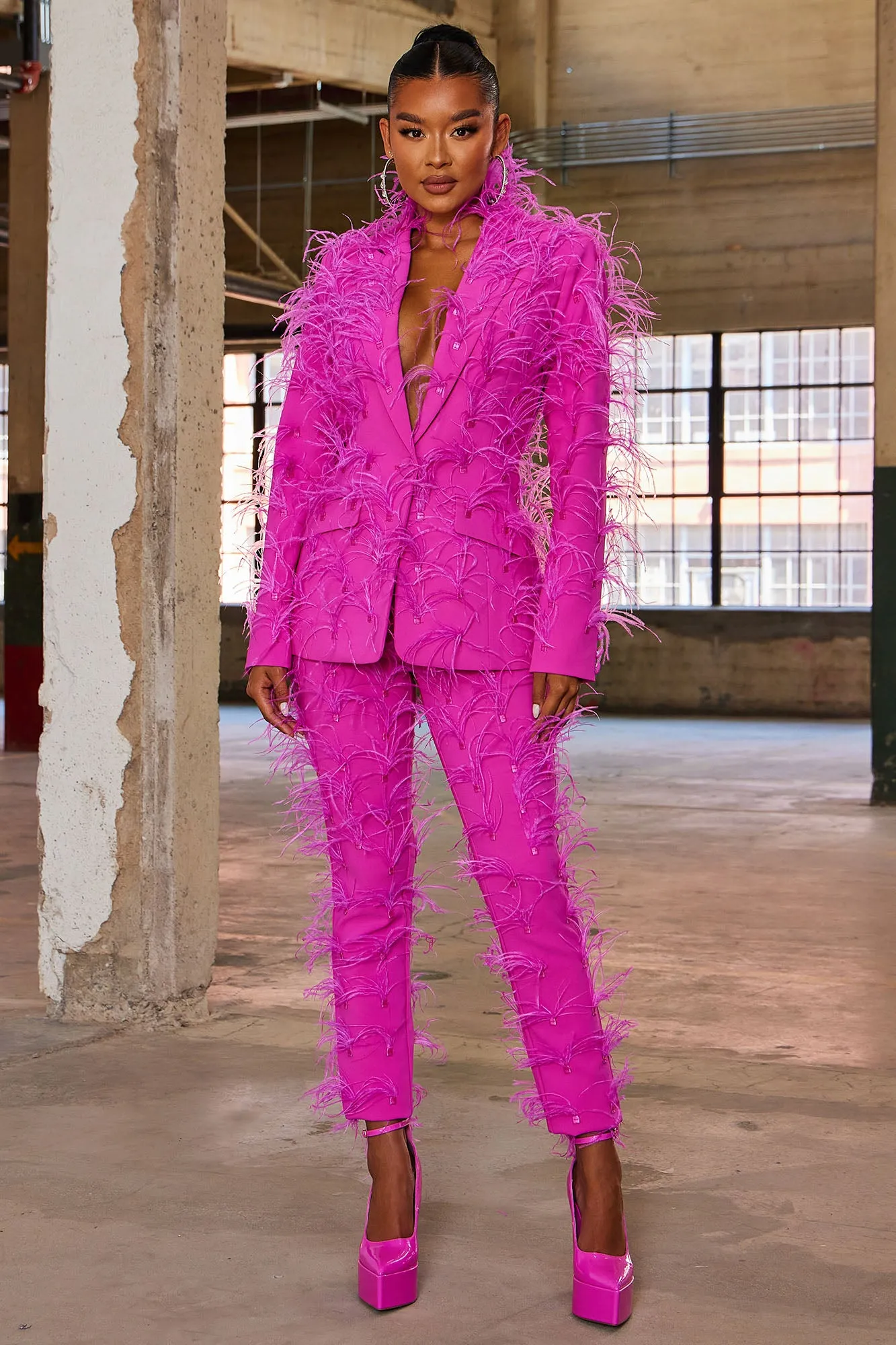 Adalynn Feathered Blazer - Hot Pink