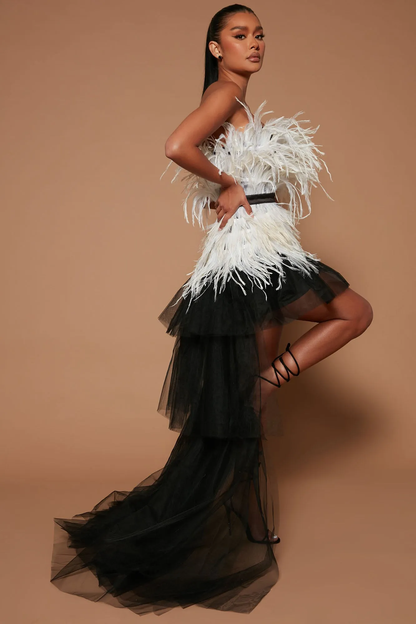 Angelica Feathered Tulle Gown - Black/combo