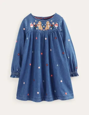 Logo Woven Embroidered Dress-Mid Vintage Denim